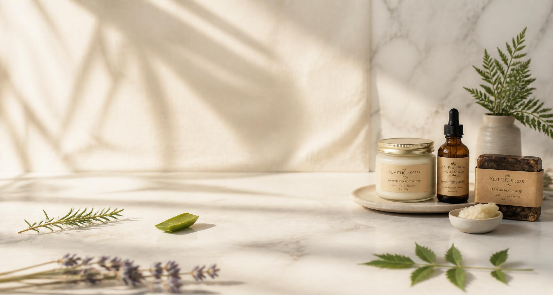Kemetic Kisses natural botanical skincare products arranged with fresh herbs